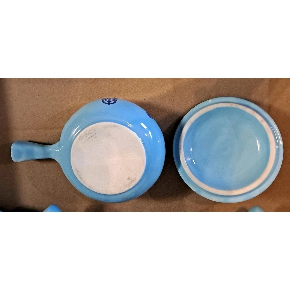 Lot Of 4 Vtg MCM Cronin Blue Tulip Mini Soup/Pot w Lid/Handle Dutch Ovenware USA